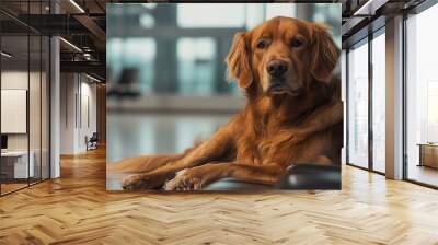 A curious red dog standing proudly near an airport, with the runway and aircraft visible in the background. The dog exudes confidence and curiosity, observing the bustling activity of the airport  Wall mural