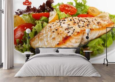 A plate featuring salmon fish, fresh salad, and sesame seeds against a white background. This image highlights a well-presented, healthy meal with vibrant colors and textures, Wall mural