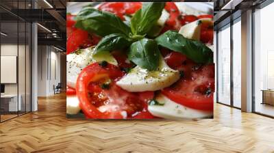 A vibrant and fresh Caprese salad showcasing the perfect balance of ripe tomatoes, creamy mozzarella, and fresh basil leaves, drizzled with olive oil and balsamic glaze. Wall mural