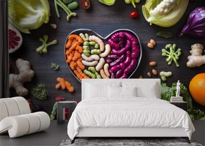 An informative graphic focusing on gut health, showcasing key elements such as probiotics, fiber-rich foods, and healthy lifestyle choices that promote digestive wellness, designed to educate viewers  Wall mural