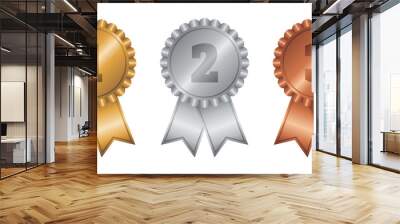 Set of gold, silver and bronze medals. Metallic trophy awards with numbers. Vector and PNG on transparent background. Wall mural