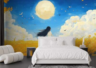 Autumn outdoor nature scenery in illustration style Wall mural