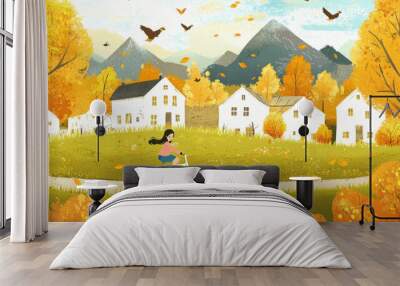 Autumn outdoor nature scenery in illustration style Wall mural