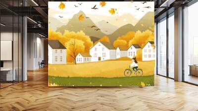 Autumn outdoor nature scenery in illustration style Wall mural