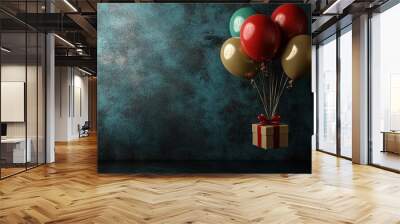 Colorful Balloons Tied to a Gift at the End of a String, Creating a Joyful and Festive Atmosphere for Celebrations Wall mural