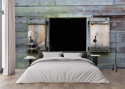 exterior wooden wall of a vintage colonial New England cabin with an open shutter window and copy space Wall mural