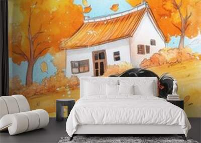 Cute little girl in autumn Wall mural