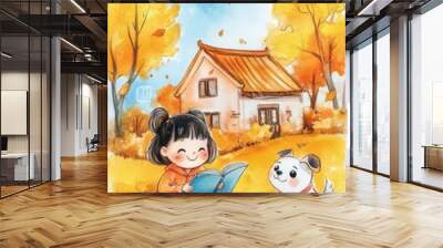 Cute little girl in autumn Wall mural