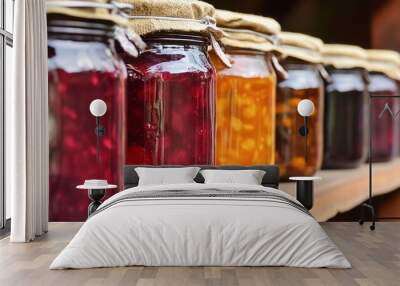 Delicious Jam in a Jar with Fresh Ingredients. This image highlights a jar of homemade or artisanal jam, showcasing its rich texture and vibrant color, often accompanied by fresh fruits or ingredients Wall mural