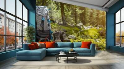 Backpack and hiking boots in forest Wall mural