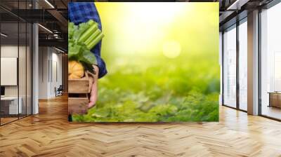 Hands holding wooden box with vegetables Wall mural