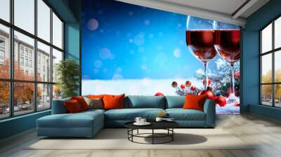 Red wine and Christmas ornaments Wall mural