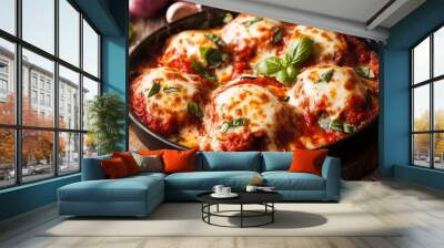 Eggplant Parmigiana, a classic Italian dish featuring layers of breaded eggplant slices baked with marinara sauce and melted cheese, offering a rich and savory flavor. Wall mural