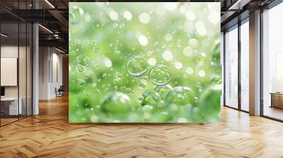 Ethereal underwater scene with translucent bubbles, algae cells, and water droplets revealing emission phenomena Wall mural