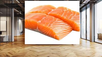 Fresh salmon fillet slices elegantly displayed against a clean white background. These vibrant and visually appealing pieces highlight the rich color and texture of the salmon, Wall mural