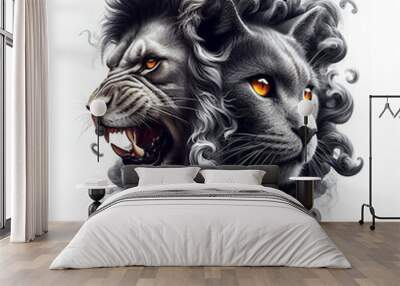 generative AI illustration of a lion and cat with a smoke effect Wall mural