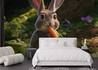 Hare Holding a Carrot, Captured in a Charming and Detailed Illustration Wall mural