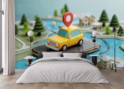 Mobile Screen Map Navigation: Car Icon Gliding Towards the Location Pin with a Miniature School Model Beside the Device Wall mural