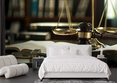 Office Scene with Prominent Gavel and Scales of Justice on Desk Beside Open Notebook with Writing in Black Ink. Background Features Blurred Professional Items Symbolizing Upcoming General Meeting Wall mural