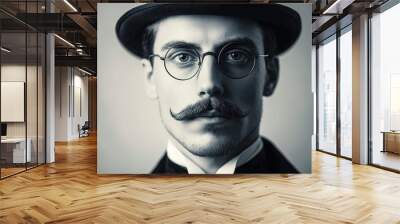 Retro style logo featuring a handsome man in a 3/4 portrait, exuding the charm of a scientist, doctor, or professor. This distinguished figure sports a classic moustache  Wall mural