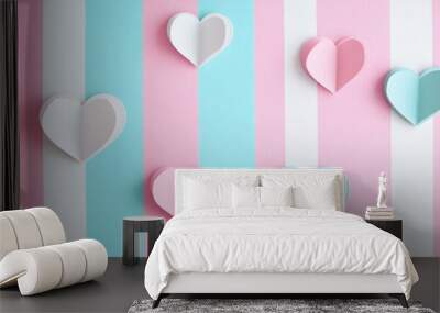 Romantic heart-shaped cutouts on a pink and turquoise striped background, creating a festive and loving decoration.  Wall mural