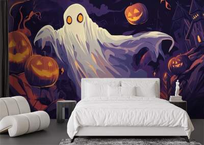 Traditional Thai Ghost Art for Halloween Poster with Ethereal Ghostly Figures, Thai Mythical Creatures, and Detailed Art Patterns Showcasing Southeast Asian Folklore Themes and Festive Spirit Wall mural