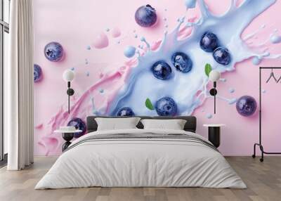 Vibrant blueberry yogurt splashes isolated against a light blue background, capturing the dynamic movement and texture of the yogurt. This image emphasizes freshness and flavor Wall mural