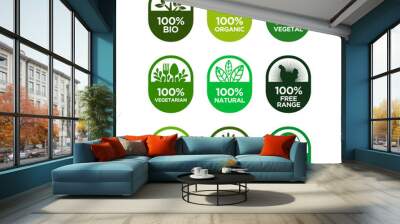 Healthy food and healthy life icons set. 100% Bio, Organic, Vegetal, Vegetarian, Natural, Free Range, Vegan, Hand Made, Eco Wall mural