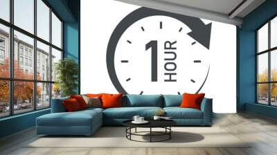 One hour round icon with arrow. Black and white vector symbol. Wall mural