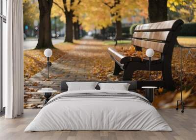 bench in autumn park Wall mural