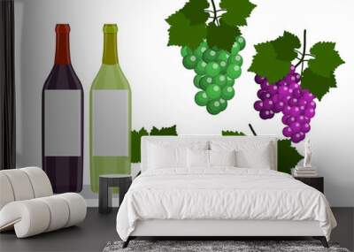 Set of Wine bottles and grapes isolated in the white background. Flat Design Illustration Wall mural