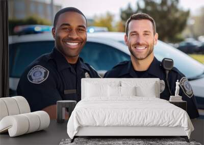 African American police officer and white police officer stand together. African American cop with white cop pose. African American with European colleague pose against police car before shift Wall mural