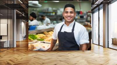 Cheerful man manager work at food shop. Business concept Wall mural