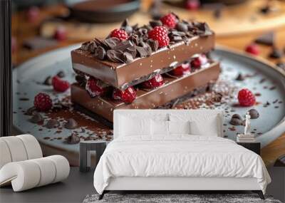 Gourmet chocolate dessert elegantly presented on the plate. Melt-in-your-mouth goodness, a moment of pure bliss. Wall mural