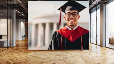 Happy college graduate student in academic hat and black gown stands alone in green park Wall mural