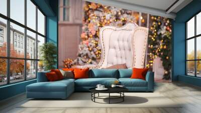 Christmas Tree and Christmas gift boxes in the interior with a f Wall mural