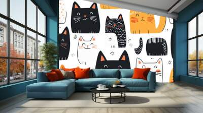 Cute cat doodle pattern with playful black and orange cartoon cats Wall mural