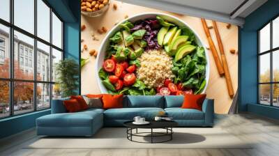 Healthy salad bowl with quinoa, avocado, cherry tomatoes, and fresh greens, showcasing a nutritious meal Wall mural