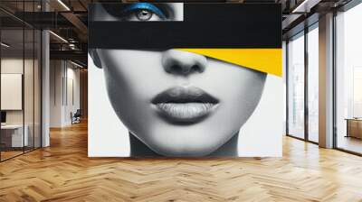 monochrome art piece with woman's blue eyes and yellow stroke Wall mural