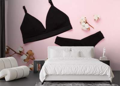 Women's cotton lingerie on color background, top view Wall mural