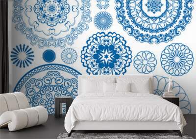 Set of blue floral circle patterns. Background in the style of C Wall mural