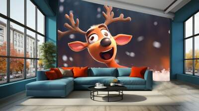 A cheerful animated reindeer peeks out in a snowy scene, embodying the joy and wonder of the winter season. Wall mural