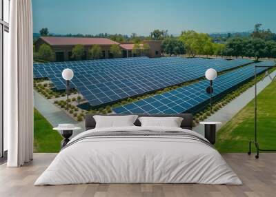 A large solar farm with multiple rows of solar panels in a landscaped area with greenery and pathways, showcasing sustainable energy efforts. Wall mural