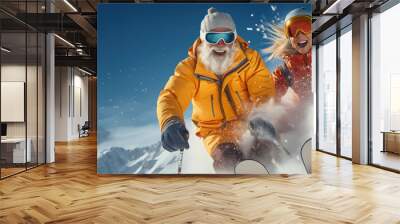 A lively couple enjoys a ski resort getaway, experiencing the excitement of winter sports. Wall mural