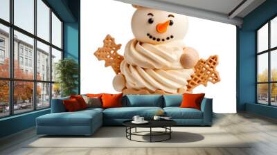 A snowman crafted from ice cream in a waffle cone, isolated on a pristine white background Wall mural