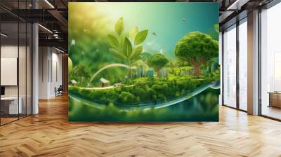 A young plant sprouting in a lush green environment, surrounded by digital technology elements, symbolizing the fusion of nature and innovation for a sustainable future. Wall mural