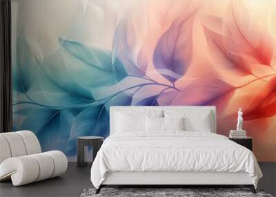 Abstract artwork with overlapping leaves in blue and orange tones, creating a harmonious blend of colors. The soft, translucent layers evoke a sense of calm and fluidity. Wall mural