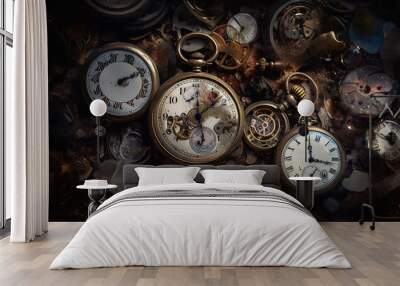 Assorted disassembled watch parts and faces scattered, highlighting the complexity of watchmaking. Wall mural