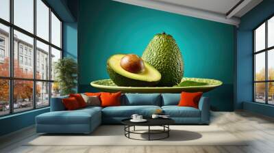 Avocado's aesthetic display, designed with a contemporary and abstract approach against a lively green background, signifies its nutritional worth and its role in a healthy diet. Wall mural