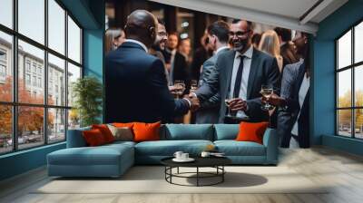 Diverse group of professionals enjoying an office staff party, sharing laughs and stories over glasses of wine in a refined setting. Wall mural